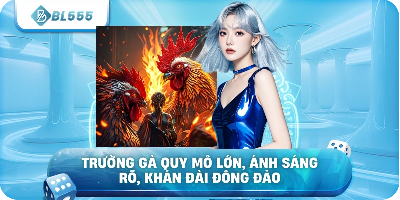 Trường gà quy mô lớn, ánh sáng rõ, khán đài đông đảo